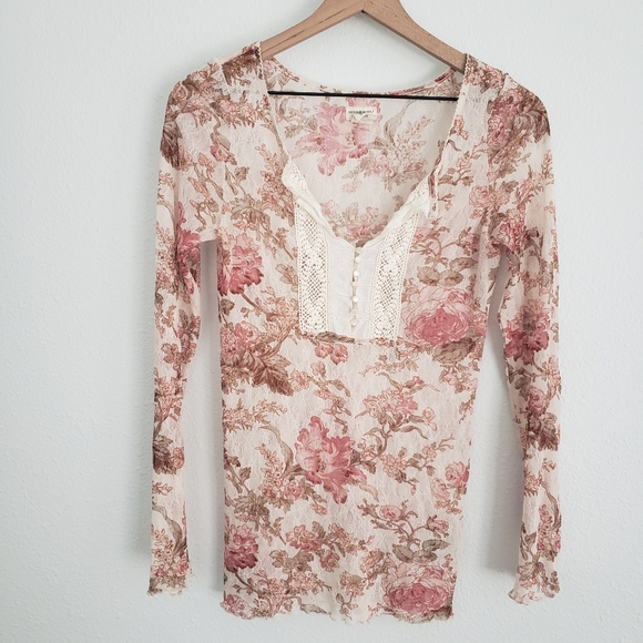 Y2K Denim and Supply Ralph Lauren Lace and Mesh Floral Long Sleeve Top Size M - Picture 2 of 8